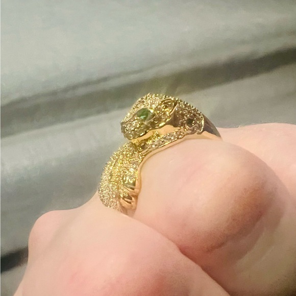 Leopard Gold Plated Emerald Crystal Eyes & Pave Cubic Zirconia Ring | Sz. 7.5 - Picture 10 of 10